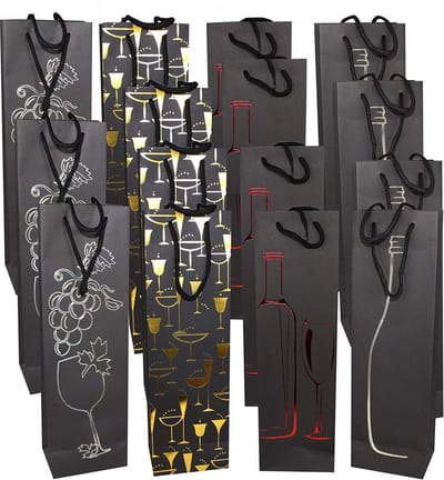 Matana – 15 Wijn Cadeauzakjes, 35x13x9cm – Zwart met Elegante Motieven – Voor Kerst, Verjaardagen & Feesten