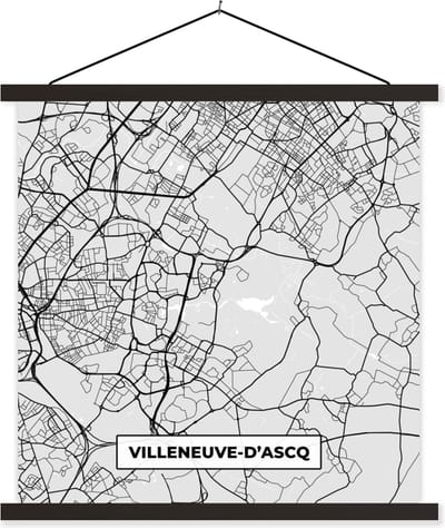 Posterhanger incl. Poster 60x60 cm - Schoolplaat - Kaart - Stadskaart - Villeneuve-d'Ascq - Plattegrond - Frankrijk - Textielposter - Zwarte latten - Stadskaart