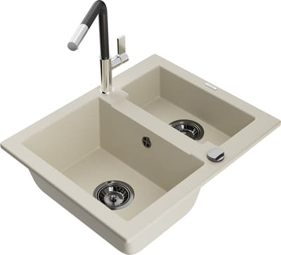 Mexen Carlos granieten spoelbak 1,5-komorige met keukenmengkraan Flora, beige - 6518-69-670401-07-B