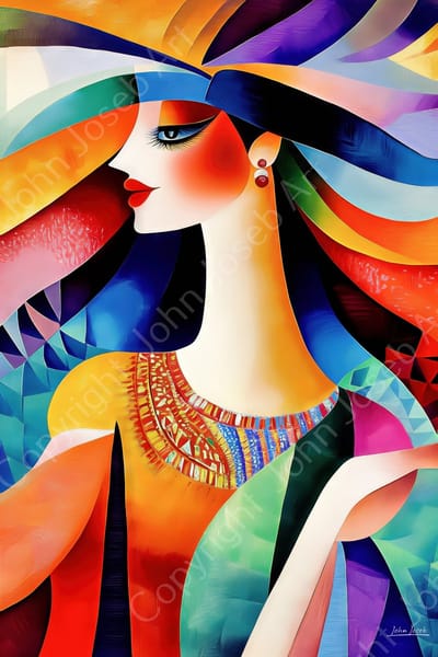 John Joseb Art (Canvas) 60x40 | Vrouw met lang haar, Picasso / Salvador Dali stijl, kleurrijk, felle kleuren, abstract, kunst, portret, bruin, groen, geel, blauw, rood, modern | Foto-Schilderij canvas print (wanddecoratie)