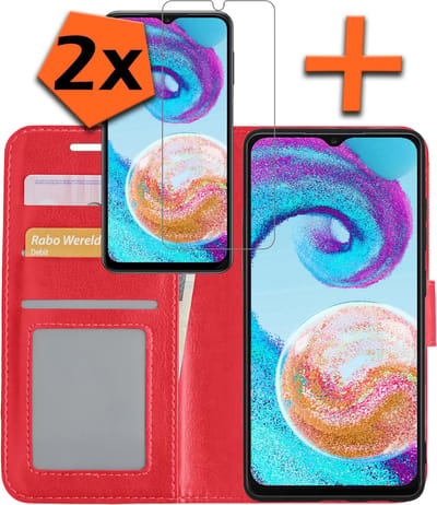 Hoes - Met 2x Screenprotector - Geschikt voor Samsung Galaxy A04s - Luxe Pasjeshouder - Bookcase Portemonee - Flip Case - Kunstleer Book Case - Flipcase Hoes - Book Cover - Walletcase - PortemonneeHoes - Rood