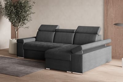 Hoekbank L met slaapfunctie, verstelbare hoofdsteunen & bedlade – Moderne slaapbank met opbergruimte – Hoekbank Luka L – Donkergrijs (Twist 23) – Rechts