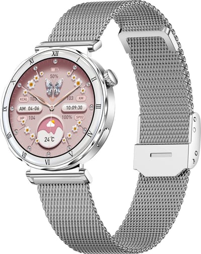 Knobbout Luxe 1.19" Scherm AMOLED Dames Smartwatch – 390 × 390 HD Display – Bluetooth Bellen – Hartslag , Bloeddruk- & Zuurstofmeting – Slaapmonitor – Ademhalingstraining – Menstruatiecyclus – AI-Spraakassistent – IP67 Waterdicht – Zilver Stalen Band