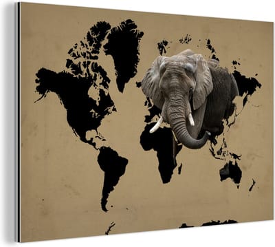 Aluminium schilderij 90x60 cm - Wanddecoratie metaal - Wereldkaart - Zwart - Olifant - Metalen muurdecoratie woonkamer - Decoratie industrieel - Foto op dibond - Industriële accessoires slaapkamer