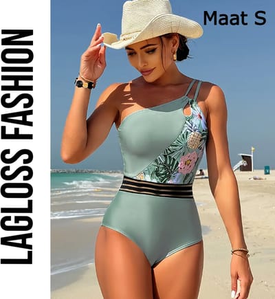 LaGloss® Badpak Asymmetrisch Mint Blauw Bloemen – Maat S - Trendy One-Piece Zwemkleding met Hollow-Out Details