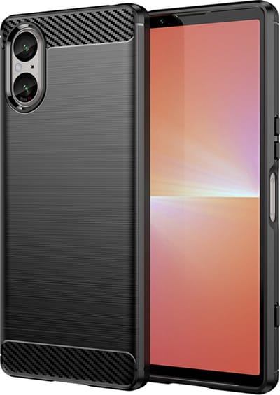 MobyDefend Hoesje - Geschikt voor Sony Xperia 5 V - TPU Backcover - Geborstelde Metaal & Carbon-Look - Zwart