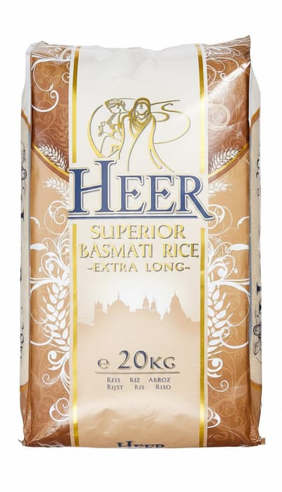 Heer Premium Basmati Rijst - Extra Lange Korrel - 20 kg - Authentiek Aroma & Superieure Kwaliteit Perfect voor Biryani & Pilau Met Kajal Sticker