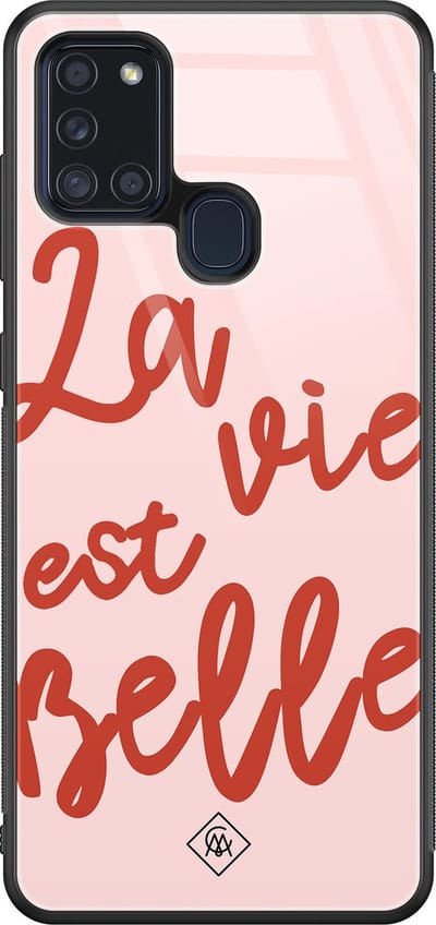 Casimoda® hoesje - Geschikt voor Samsung Galaxy A21s - La Vie Est Belle - Luxe Hard Case Zwart - Backcover telefoonhoesje - Multi