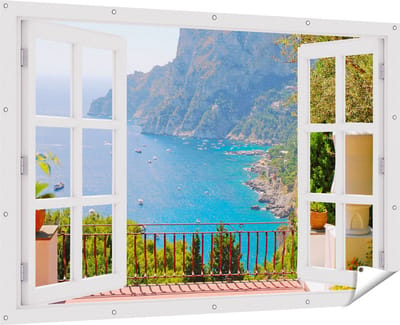Gards Tuinposter Doorkijk Vergezicht vanaf het Terras op Bergen - 180x120 cm - Tuindoek - Tuindecoratie - Wanddecoratie buiten - Tuinschilderij