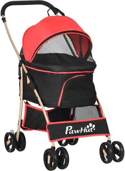 Merax Hondenbuggy 2 in 1 Hondentrolley en Draagtas Opvouwbaar met Kussen en Netvensters voor Kleine Honden en Katten Rood