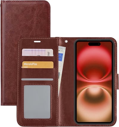 Hoesje - Met Pasjeshouder - Geschikt voor Apple iPhone 16 - Luxe Bookcase Portemonee - Flip Case - Kunstleer Book Case - Flipcase - Book Cover - Walletcase - Portemonneehoes - Bruin