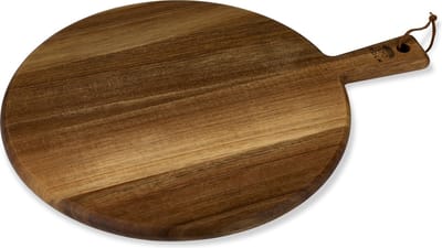 HOLM Serveerplank Rond – Houten Snij- en Tapasplank met Handvat – Voor Pizza, Tapas, Antipasti & Kaas – Acaciahout – FSC Gecertificeerd – Ø 35,6 x 46 cm – Hout