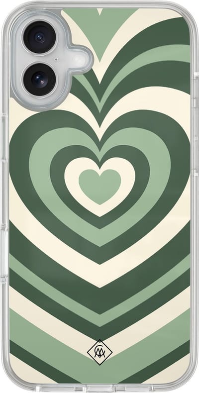 Casimoda® hoesje - Geschikt voor iPhone 16 - Groen Hart Swirl - 2-in-1 case - Schokbestendig - Geometrisch patroon - Verhoogde randen - Groen, Transparant