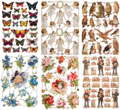 Poëzieplaatjes - 6 vellen - plaatjes - hobby - creatief - decoupage - knutselen - scrapboek - met POEZEN - BOERDERIJDIEREN - BLOEMEN - VARKENTJES - HONDEN - VOGELS