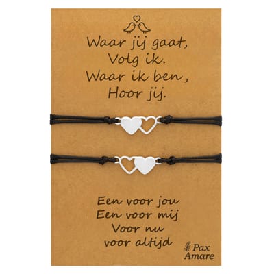 Vriendschapsarmbandjes voor 2 "Waar jij gaat, volg ik" - Hartjes - BFF Armbandjes met Persoonlijk Cadeau Kaartje - Zilverkleurig - Elastisch Verstelbaar - Pax Amare