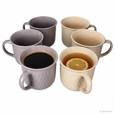 Set van 6 BIKO-koffiemokken, cilindrisch, 450 ml, elk 3x in de kleuren vanille en grijs, van Keramiek – 12155