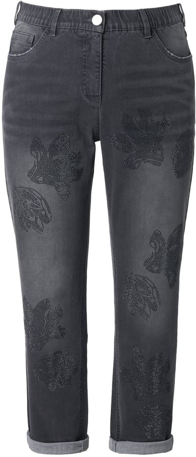 Ulla Popken - Dames - Boyfriend jeans bloemen siersteentjes stretch - Donkergrijs denim - Maat 42