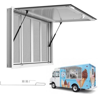 VEVOR verkoopraam voor foodtrucks 1143 x 762 mm, gemaakt van aluminiumlegering, verkoopraam voor kraampjes, opent tot 85°, met 4 horren, verkoopklep, trekhaak en regenhoes.
