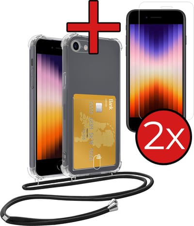 Hoesje Geschikt voor iPhone 7 Hoesje Met Telefoonkoord en Pasjeshouder Met 2x Screenprotector Siliconen - Hoes Geschikt voor iPhone 7 Hoesje Met Kaarthouder Shock Proof Case - Transparant