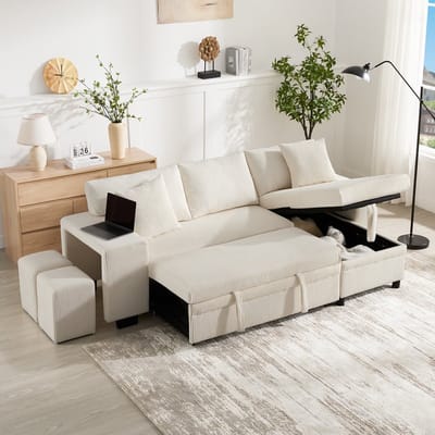 Sweiko Hoekbank - Met slaapfunctie - USB-poorten - inclusief kussens - Opbergruimte - Beige
