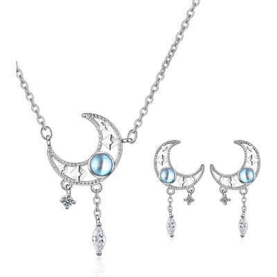 925 Sterling Zilver Kristal Maan Sieradensets Voor Vrouwen Fijne Elegante Ketting Stud Oorbellen gaabou Sieraden white