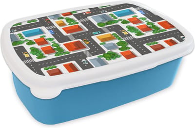 Broodtrommel Blauw - Lunchbox - Brooddoos - Patronen - Auto - Huis - Jongens - Kinderen - Kids - 18x12x6 cm - Kinderen - Jongen