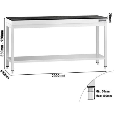 GGM Gastro Edelstahl Arbeitstisch PREMIUM - 2000x600mm - mit Grundboden - inkl. Granitarbeitsplatte