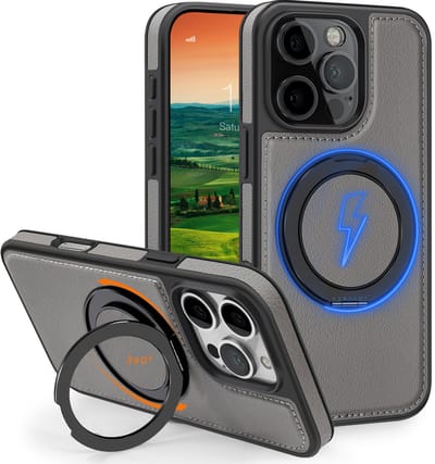 Perfeqt hoesje geschikt voor iPhone 15 Pro Max leren BackCover met 360° Kickstand & Keyring houder - Titanium Gray