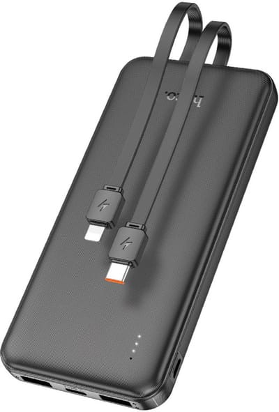 Hoco 10000mAh Powerbank met Ingebouwde Kabels (USB-C & Lightning) - Ultra-Dun - 4 Poorten - Vliegries Powerbank - Zwart