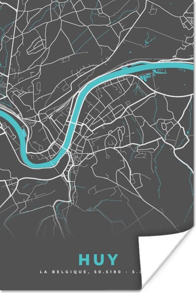 Poster Plattegrond – Huy – Blauw – Stadskaart - Kaart - België - 120x180 cm XXL