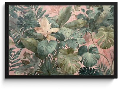 Poster in lijst - Fotolijst 60x40 cm - Posters - Compositie van bladeren - Groen - Roze - Posterlijst zwart - Decoratie - Wanddecoratie woonkamer - Muurdecoratie slaapkamer