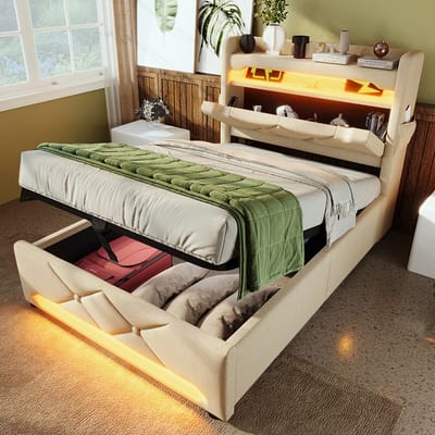 Komhtom Gestoffeerd eenpersoonsbed 90*200, opbergruimte in het hoofdeinde met USB-poort en type C-poort, 360° LED-verlichting rondom het hoofdeinde en voeteneinde, bedden met hydraulische opbergruimte, beige, linnen (zonder matras)