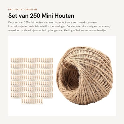 Dailygoods- Wasknijpers Hout 250 Stuks - Mini Wasknijpers - Jute Touw - Duurzaam - Milieuvriendelijk - Stevige Grip - Knijpers