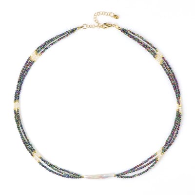 Cavill - 925 Sterling Zilver Verstelbare Halsketting - Vergulde Ketting met Witte Zoetwaterparel 28,5x6,5 mm & Hematiet