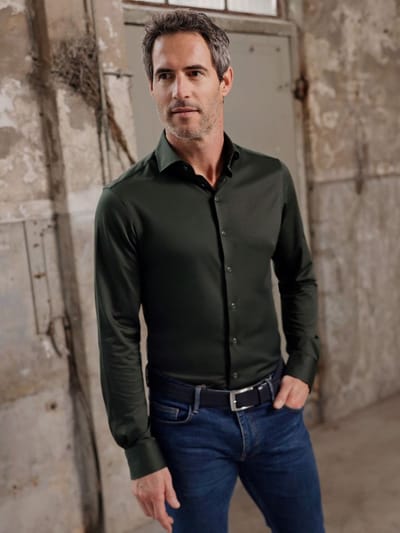 R2 Overhemd Dobby Travel Shirt Donkergroen - Maat 40 - Heren - Overhemden Formeel