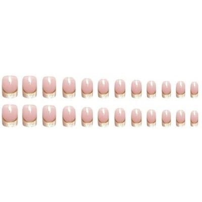 24 Stuks Korte Vierkante Kunstnagels, Naturel Basiskleur Met Glitters Tips En Gouden Lijnen, Salon Makkelijk Aan Te Brengen, Voor Kantoor En Date Night Nagellak Benodigdheden