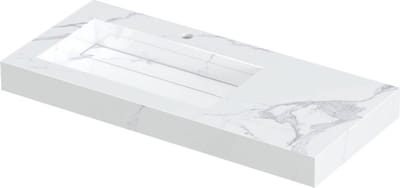 INK Pitch wastafel in keramische slab wasbak links met drain en front en side skirts met 1 kraangat, 100x45x9cm, statuario glans