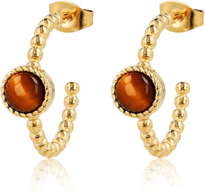 My Bendel - Bolletjes Oorring met Ronde Edelsteen • Tiger Eye - met Luxe Cadeauverpakking | Sieraden Voor Dames