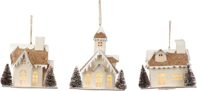 Goodwill Huisjes met LED verlichting Bruin-Wit 14 cm Voordeel Ass. Per 3 stuks