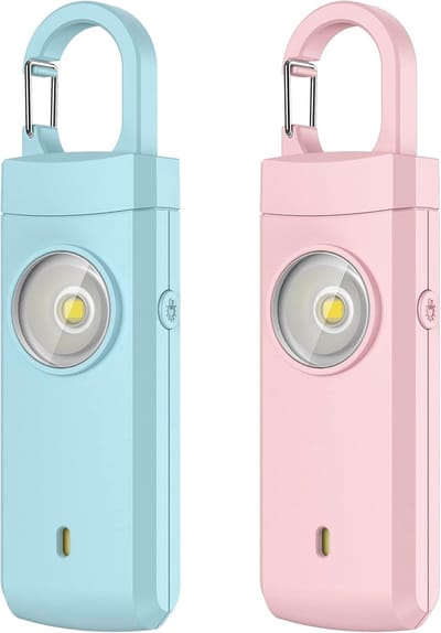 Twee Oplaadbare Persoonlijke Alarmen - 9,9 × 2,9 × 1,6 cm - USB-Oplaadbaar - Geschikt voor Vrouwen Dochters Studenten Tieners Nachtploegmedewerkers Ouderen en Kinderen - Lichtblauw en Roze