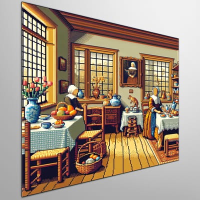Pixel art vermeer schilderij | Vermeer's meesterwerk herboren in levendige pixel art illustratie | Kunst - 100x100 centimeter op Forex | Foto op Forex