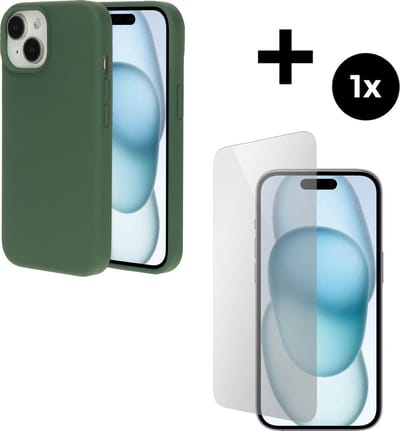 Mobiparts Silicone Cover hoesje geschikt voor Apple iPhone 15 met 1 Screenprotector van Gehard Glas - Groen