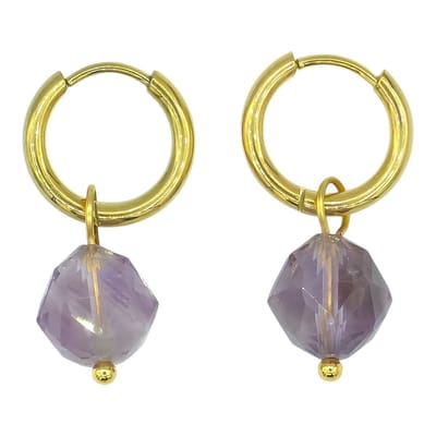 Goudkleurige Oorringen met Amethist Natuursteen Hangers – Lengte 23mm