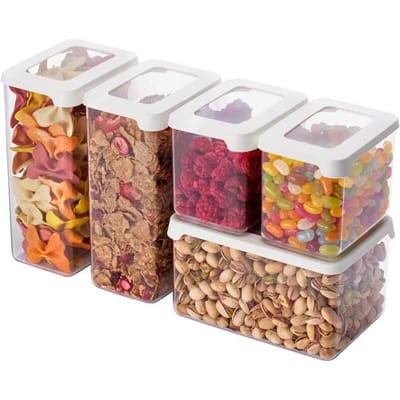 SmartStore Luchtdichte Opbergdozen Set van 5 – 20% Bio-gebaseerde Plastic Opbergdoos met Deksel, BPA-vrij, Vaatwasserbestendig – Stapelbare Keukenorganizer – 2x 0,8L, 2x 1,6L, 1x 1,65L