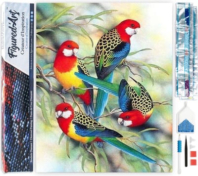 Figured'Art Diamond Painting set Volwassenen 40x50 cm Papegaaien op Tak - 5D DIY Art full drill vierkante diamant - Opgerold canvas