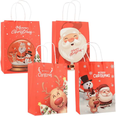 Dailygoods - ZYDYRX Kerstcadeauzakjes, kerstdecoratie, papieren zakjes met handgrepen, papieren zakken voor kerstdecoratie, geschenken, feestbenodigdheden, 16 x 8 x 22 cm, rood, 4 patronen, 12 stuks