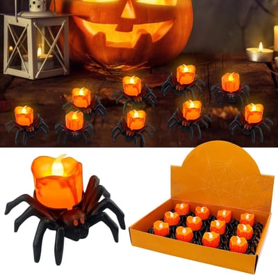 12 stuks Halloween-decoratiekaarsen - vlamloze Halloween-ledkaarsen - spinnenmotief - lange batterijduur - warm licht - veilig gebruik voor Halloween-decoratie - outdoor en indoor party