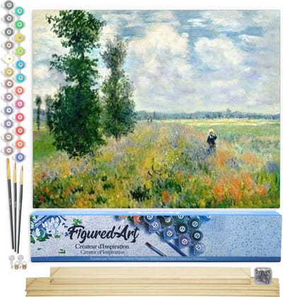 Figured'Art Schilderen op Nummer Volwassenen canvas Monet Veld met klaprozen - Handwerk acrylverf Kit DIY Compleet - 40x50cm met DIY houten lijst