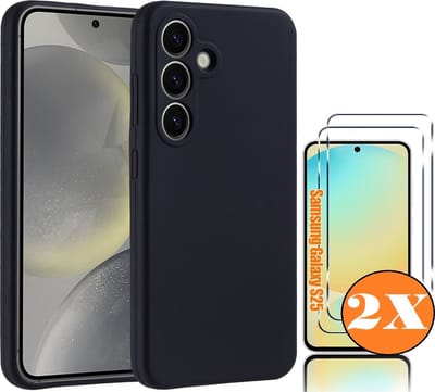 Hoesje geschikt voor Samsung Galaxy S25 Hoesje siliconen Zwart zacht TPU backcover - Met gehard glas screenprotector Galaxy S25 / S24 - 2 stuks