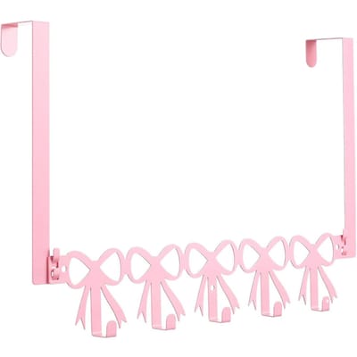 Crochets de Porte Hanger Joli Nœud Support de Porte Étagère 5 Crochets Murale Style Ferme Porte-Serviettes pour Chambre Salle de Bain rose